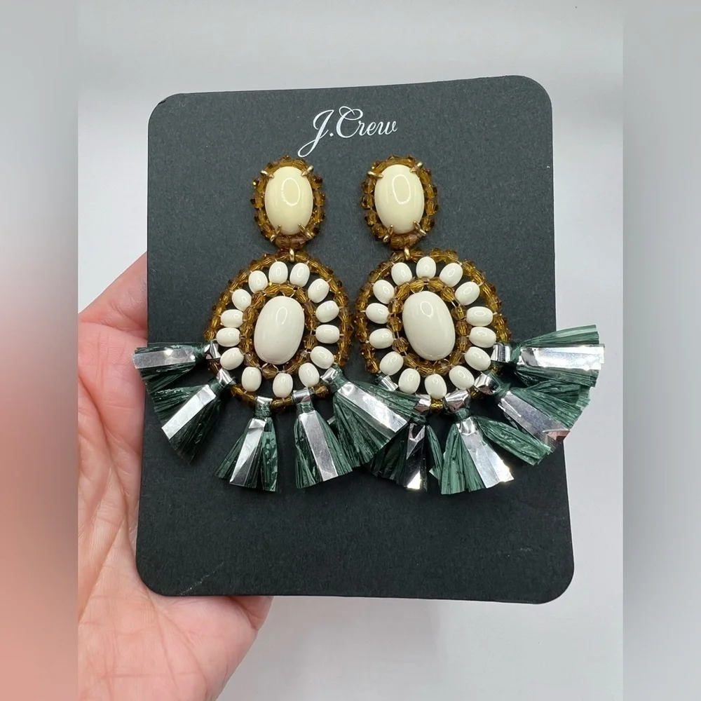 NWT! J. Crew Bead and Raffia Fringe Stone Drop Earrings And Dust Bag